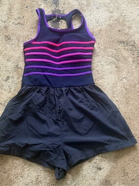 Navy Romper Swimsuit with Pink & Purple Stripe Detail